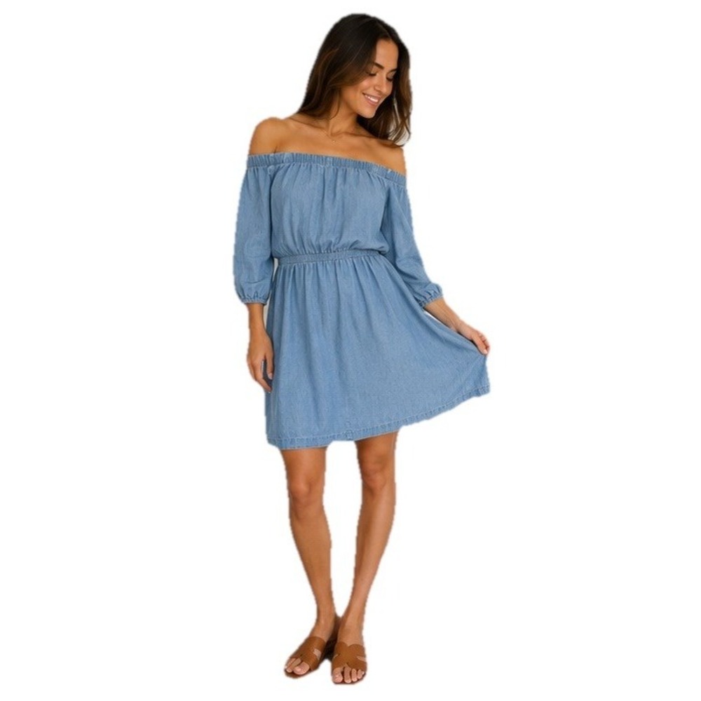Calvin Klein Chambray Dress Womens M Blue Off Shoulder Elastic Waist
